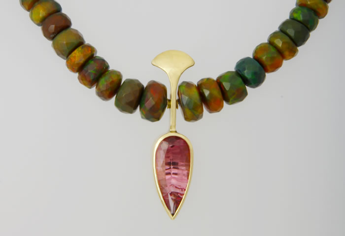 Ethiopian boulder Opal bead necklace with pink Tourmaline